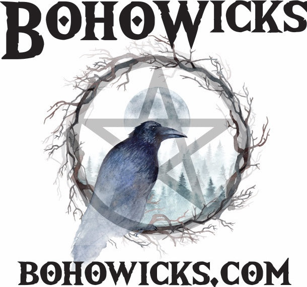 Boho Wicks written in black against a white background. Raven, Pentagram, Moon, Twig Wreath all overlaid 