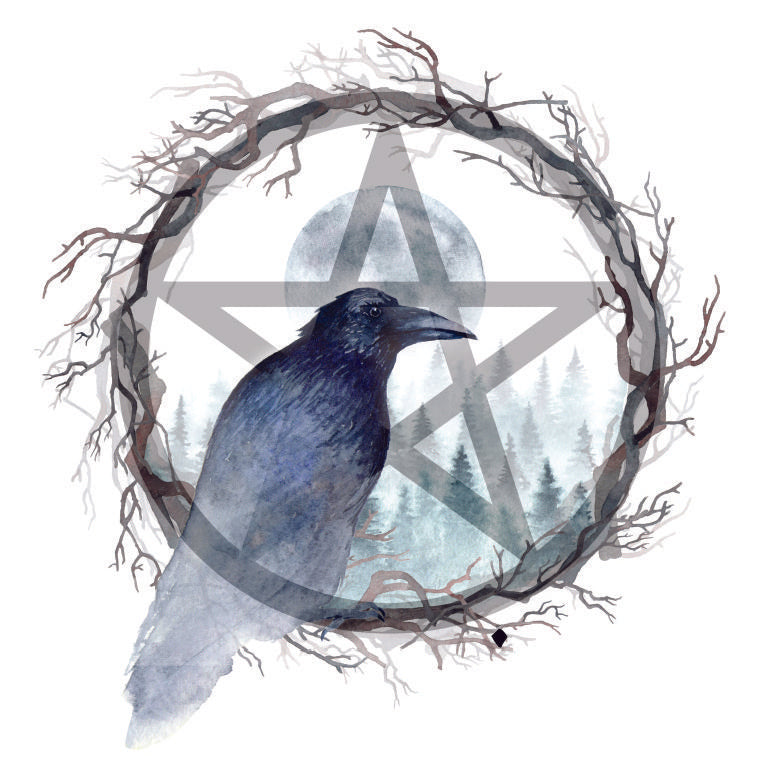 Raven, pentagram and moon against a twig wreath 